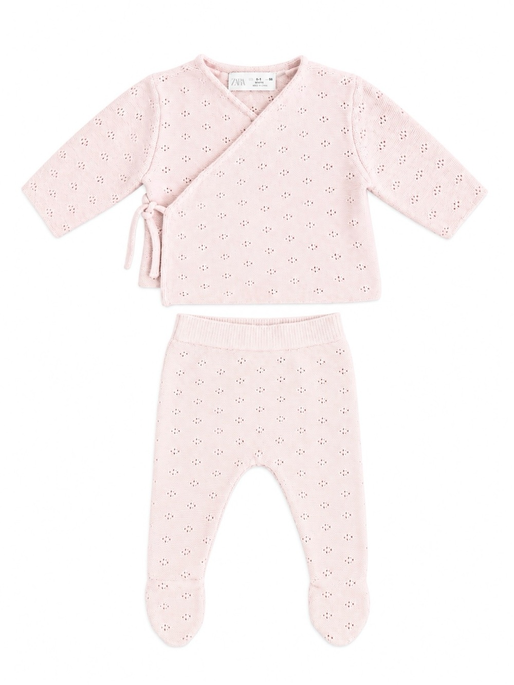 Zara Baby Newborn Pointelle Knit Wrap Sweater & Footed Pants Set 0-1M